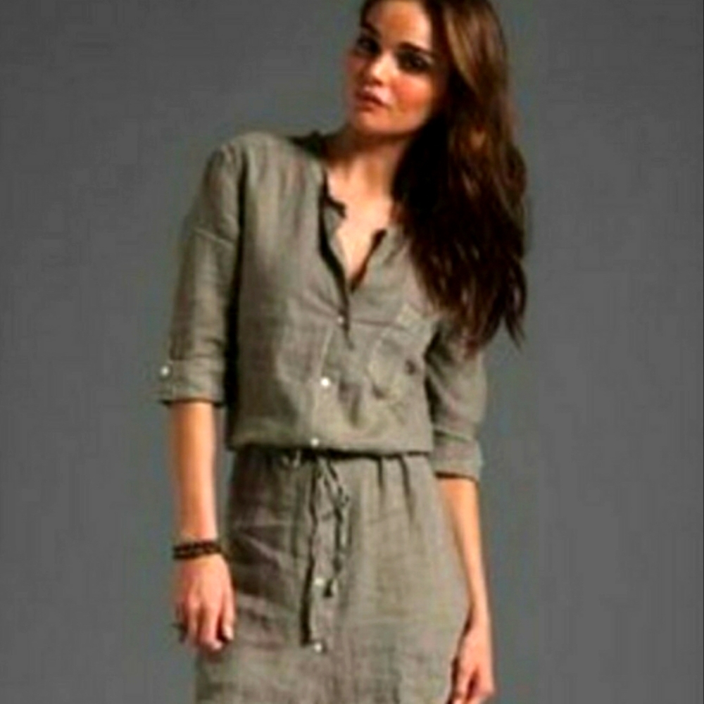 James Perse Linen Shirtdress Dress Drawstring Waist Olive Green Sz‎ 3 Large